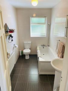 a bathroom with a toilet and a tub and a sink at Cutteen Cottage in Tulla