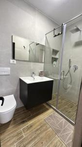 een badkamer met een wastafel en een douche bij Host Elios Tirana in Tirana