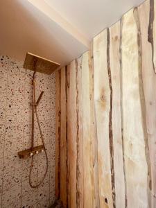 a shower in a bathroom with a wooden wall at Villa Meidi in Võsu
