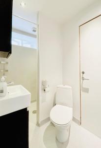 Baño blanco con aseo y lavamanos en Scandinavian Apartment Hotel -Lunden 2- Central 2 room apartment, en Horsens