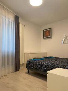 une chambre d'hôtel avec un lit et une fenêtre dans l'établissement Luxurious apartment in the heart of Cluj-Napoca, à Cluj-Napoca