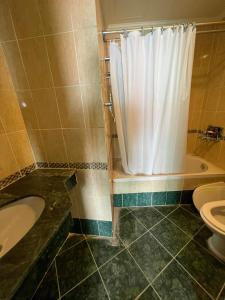 uma casa de banho com um WC e uma cortina de chuveiro em شقه فاخره - ابراج سان ستيفانو- جراند بلاز em Alexandria