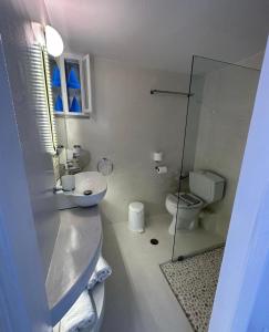 La salle de bains est pourvue de toilettes, d'un lavabo et d'une douche. dans l'établissement Studios Eleni I, à Tinos
