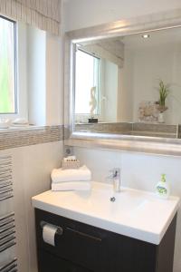 ein Bad mit einem Waschbecken und einem Spiegel in der Unterkunft "Strandvilla Seagull - Whg Sunset" in Grömitz