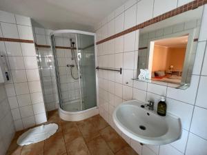 een badkamer met een wastafel en een douche bij Pension am Elberadweg - Rogätz 
