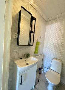 a bathroom with a sink and a toilet and a mirror at Centralt belägen villa i Öjebyn, Piteå in Piteå