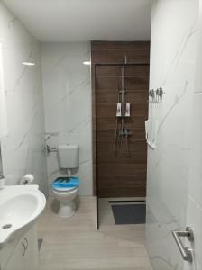 uma casa de banho com um WC, um lavatório e um chuveiro em Holiday House Rose em Karlobag