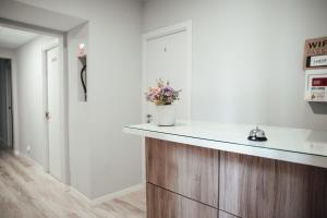 a kitchen with a counter with a vase of flowers on it at Hostal Ruta de Francia in Barcelona