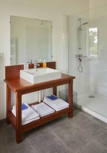 ein Badezimmer mit einem Waschbecken, einer Dusche und einer Badewanne in der Unterkunft La Maison de Charlotte in Doudeville