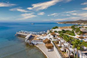 eine Luftansicht auf einen Strand mit Sonnenschirmen und dem Meer in der Unterkunft Design Plus Seya Beach Hotel in Alacati