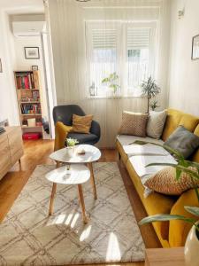uma sala de estar com um sofá e uma mesa em Apartman U2 em Veliko Gradište