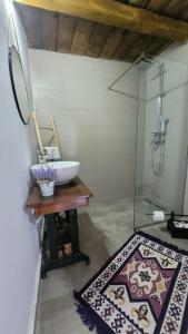 uma casa de banho com um lavatório e um espelho em Casa cu Lavanda em Petroşani