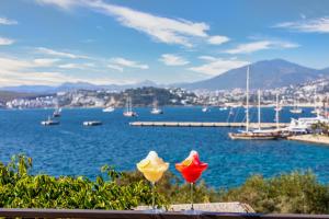 two plastic flowers sitting on a ledge overlooking a harbor at Senses Hotel - Adults Only in Bodrum City