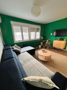 ein Wohnzimmer mit einem blauen Sofa und grünen Wänden in der Unterkunft Nirvana Petrovaradin fortress View Liman Apartment in Novi Sad