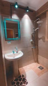 a bathroom with a sink and a shower with a mirror at Layback apartment in 6 October city Cairo in 6th Of October