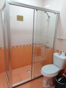 uma casa de banho com um chuveiro e um WC. em Sarbon Plaza Hotel em Bukhara