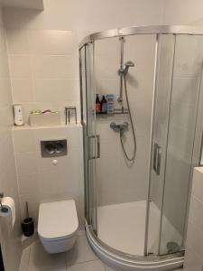 y baño con ducha y aseo. en Apartament Plac Kaszubski en Gdynia
