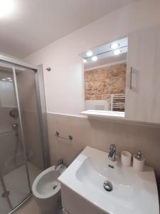La salle de bains est pourvue d'un lavabo, d'une douche et d'un miroir. dans l'établissement Camera La Bicocca - centro di Sirolo, à Sirolo