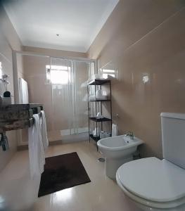 uma casa de banho com um WC branco e um chuveiro em Casa da Avo dos Anjos em Casais de São Mamede