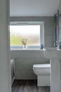 a bathroom with a white toilet and a window at Coventry Stays - Terraced House in Wyken