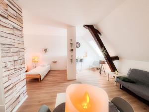 - un salon avec un canapé et une cheminée dans l'établissement Vue quai de Saône Aurore, à Chalon-sur-Saône
