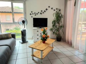 a living room with a tv and a coffee table at Gîte classé 3 étoiles dans résidence standing avec - Piscine Clim Parking Wifi Prêt Vélos - Ménage et linge non inclus in Saint-Cyprien