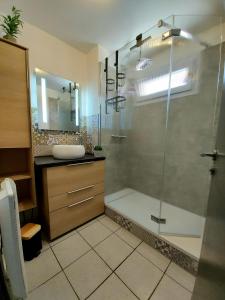 a bathroom with a shower and a sink at Gîte classé 3 étoiles dans résidence standing avec - Piscine Clim Parking Wifi Prêt Vélos - Ménage et linge non inclus in Saint-Cyprien