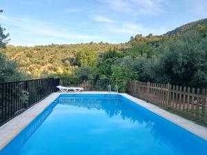 a blue swimming pool with a fence and trees at Cortijo las lagunillas in La Puerta de Segura