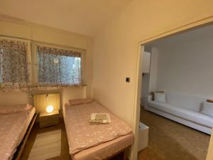 Cette petite chambre comprend 2 lits et une fenêtre. dans l'établissement Alloggio Dolomites, à Bolzano