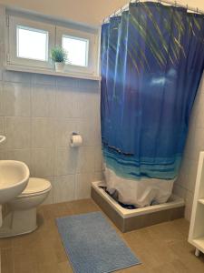 a bathroom with a blue shower curtain with a toilet at Apartmani Fulir in Vrsi