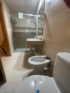 a bathroom with a toilet and a sink and a shower at Hotel Marconi in Benidorm