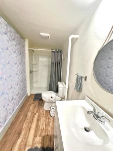 uma casa de banho com um WC, um lavatório e um espelho. em 2BR Sunshine Town Condo em Newport