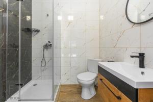 a bathroom with a toilet and a shower and a sink at Flatbook Apartamenty - Mikoszewo Dudówka in Mikoszewo