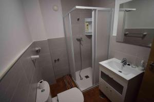 a bathroom with a shower and a toilet and a sink at Apartamentos Horno y Casa De Dulce in Purullena