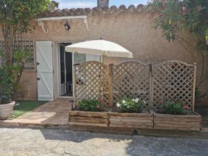 um banco de madeira com guarda-chuva e flores em lili em La Seyne-sur-Mer