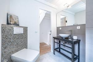 ein Bad mit einem Waschbecken und einem WC in der Unterkunft Luettje Huus in Flensburg