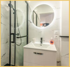 uma casa de banho com um lavatório e um chuveiro com um espelho. em Appartement T2 Unique Cluses em Cluses