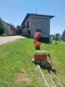 a house with two potted plants in a yard at Agriturismo La Margherita in San Giorgio Scarampi