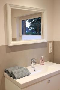 La salle de bains est pourvue d'un lavabo et d'un miroir. dans l'établissement Ferienwohnung Lorenz´ Traumzeit - Emsland, à Dörpen