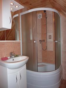 a bathroom with a shower and a sink at Sadyba Bilya Richky in Yaremche +29 photos
