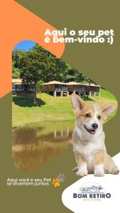 um cartaz de um cão sentado ao lado de um corpo de água em Hotel Fazenda Bom Retiro em Quatis