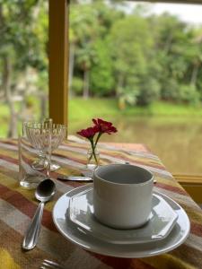 una mesa con una taza y un plato con una flor. en Hotel Fazenda Bom Retiro en Quatis