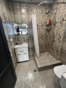 La salle de bains est pourvue d'une douche, d'un lavabo et de toilettes. dans l'établissement Luysi Garden, à Garni