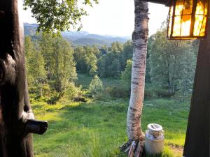 a window of a house with a view of a field at Voss Waterfalls - Private mountain cabin & Traveller Award Winner! in Vossevangen