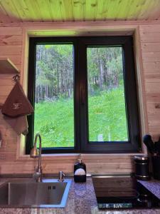 una cucina con lavandino e una finestra in una cabina di Sno Woodland a Sno