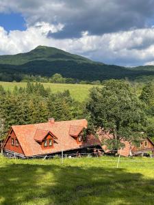 a house with a red roof in a field at Chata Wetłyna II in Wetlina