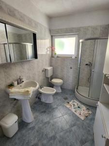 La salle de bains est pourvue d'un lavabo, de toilettes et d'une douche. dans l'établissement Apartmani Zorka, à Podstrana