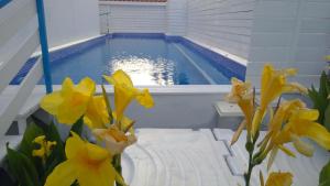 eine Vase mit gelben Blumen neben einem Swimmingpool in der Unterkunft Ibiscus and Lily Apartments in Rhodos (Stadt)