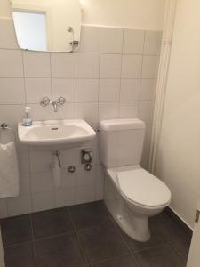 La salle de bains est pourvue de toilettes et d'un lavabo. dans l'établissement Fontana Budget, à Twann