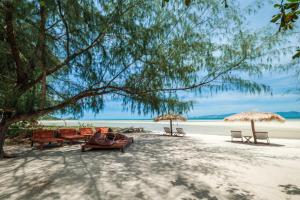 班泰All At Sea Beach Resort的海滩上的一组椅子和遮阳伞